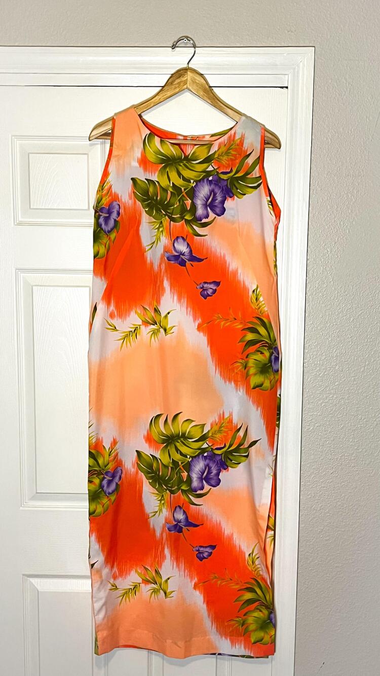 Vintage Hawaiian Dress Womens Medium Orange Floral Maxi Sundress Made Hawaii
